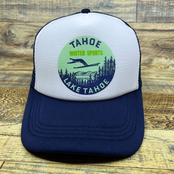Lake Tahoe Mens Trucker Hat Navy Snapback Vintage Winter Sports Logo Nevada Cap - Picture 2 of 8